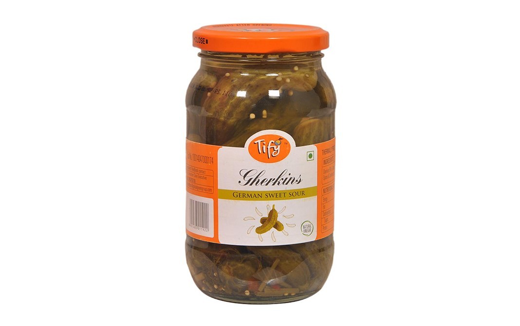 Tify Gherkins German Sweet Sour   Glass Jar  370 grams